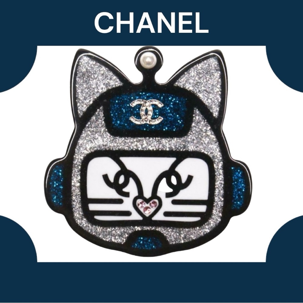 Chanel- CC Monogram Cat Brooch Pin Silver Blue Robot Glitter …Mother’s Day GIFT